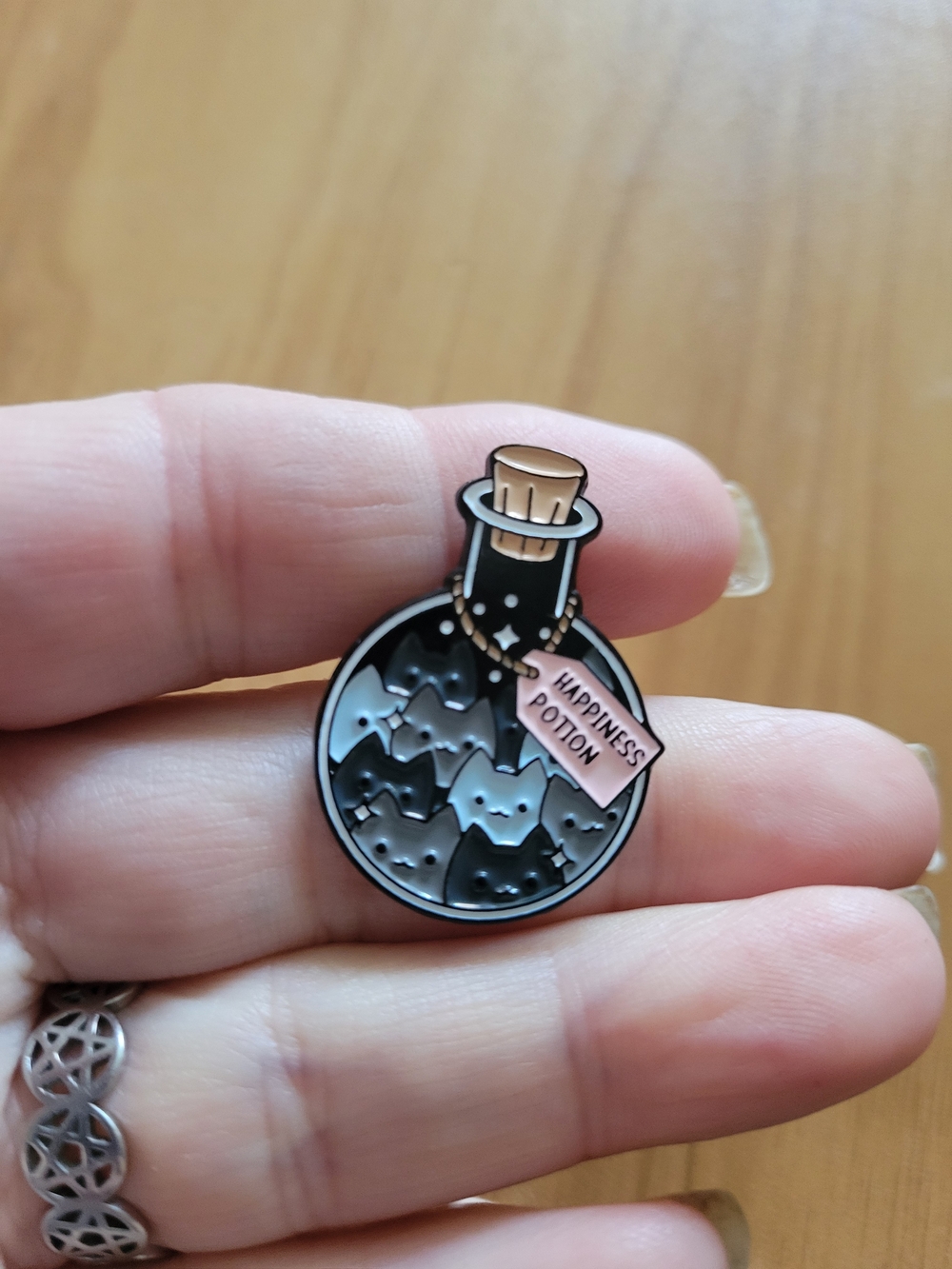 Happiness Potion Cat Bottle Enamel Brooch - Black and Pink